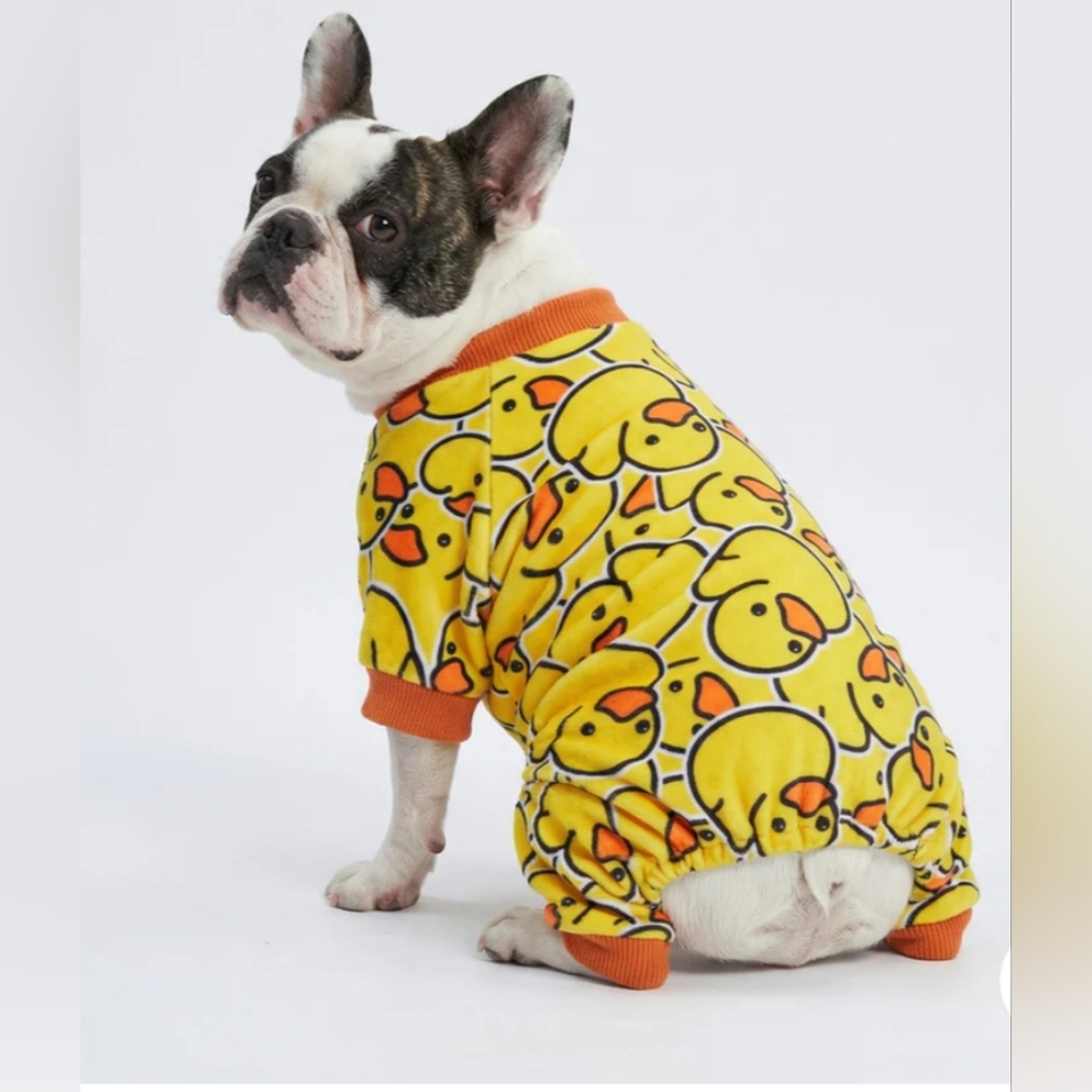 Warm Yellow Duck Pattern Dog Pajamas XXL (18 Inch Collar To Back)